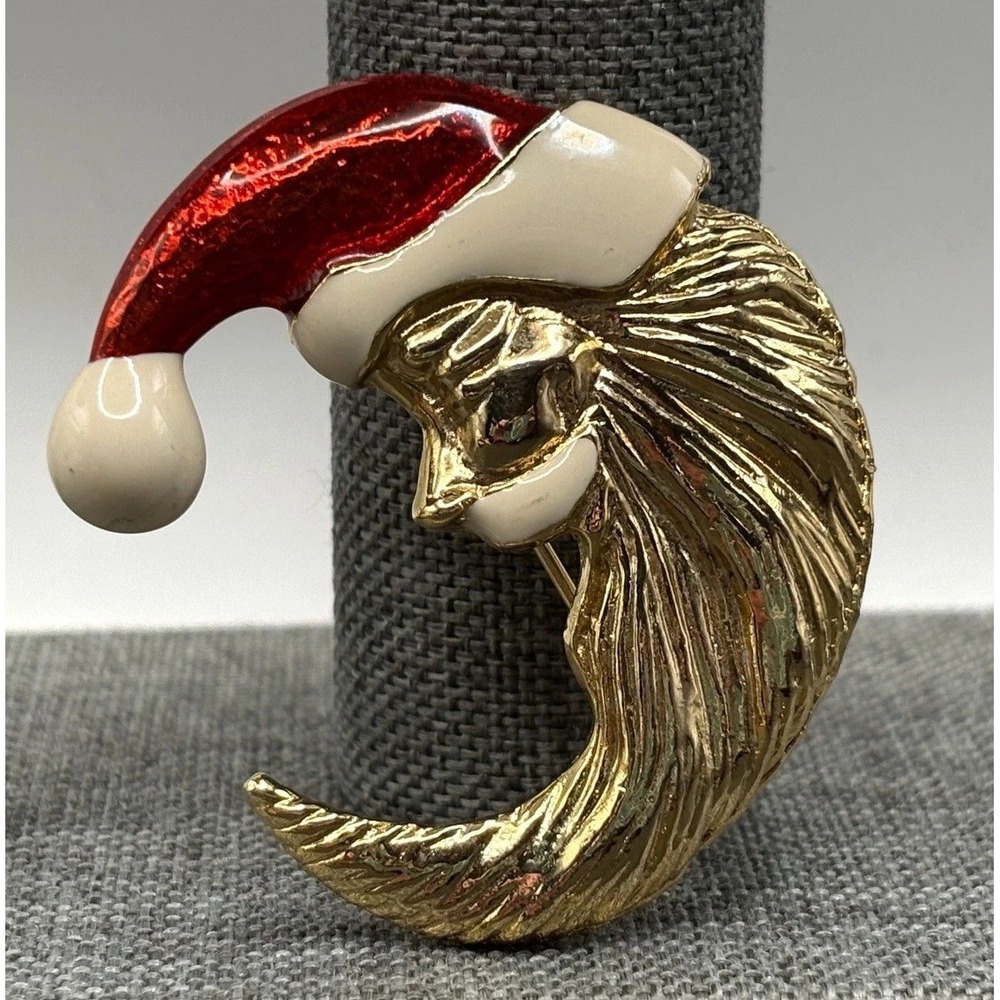 Vintage AAI Santa Claus Celestial Man In Moon Christmas Brooch Red Enamel Pin